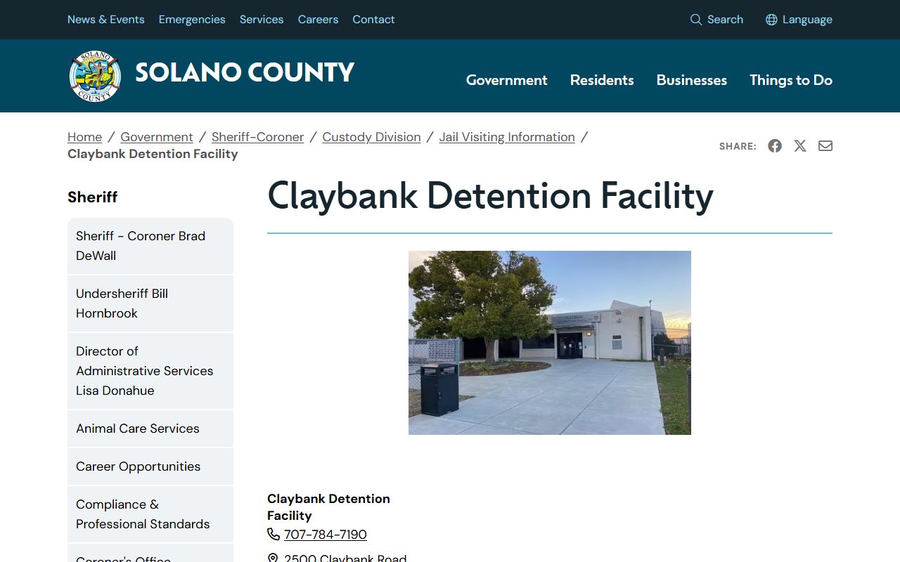 Claybank Detention Facility Solano County inmate custody and visitation source
