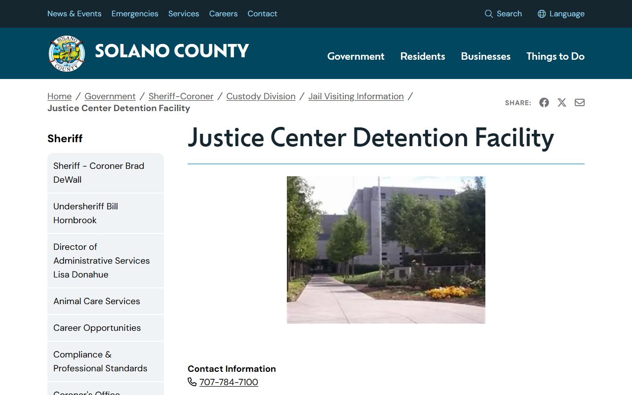 Justice Center Detention Facility Solano County inmate roster and visitation source