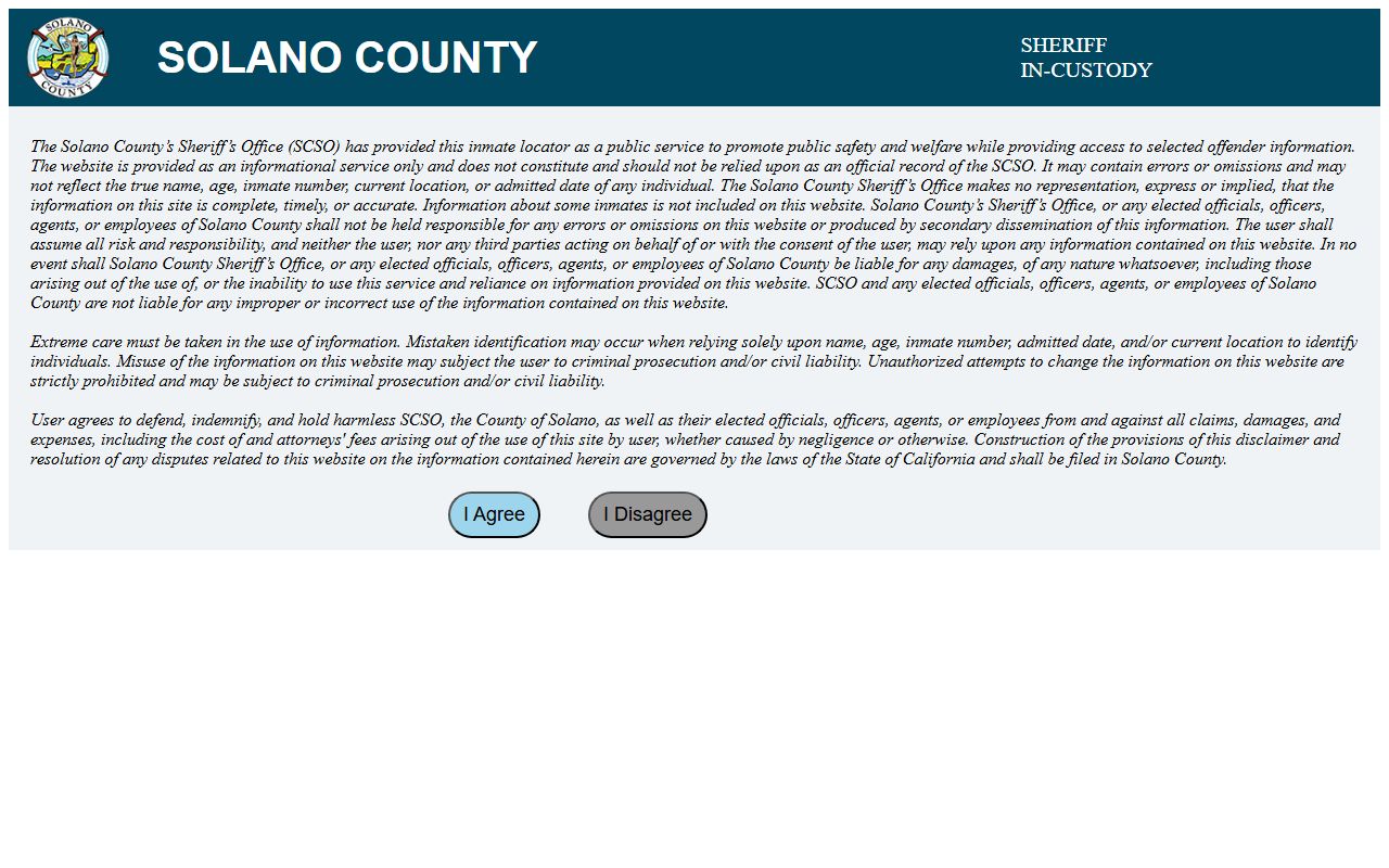 Solano County inmate records in-custody search disclaimer