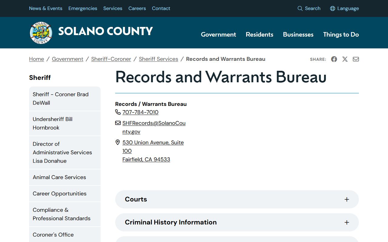 Solano County jail mugshots Records Warrants Bureau booking photo request