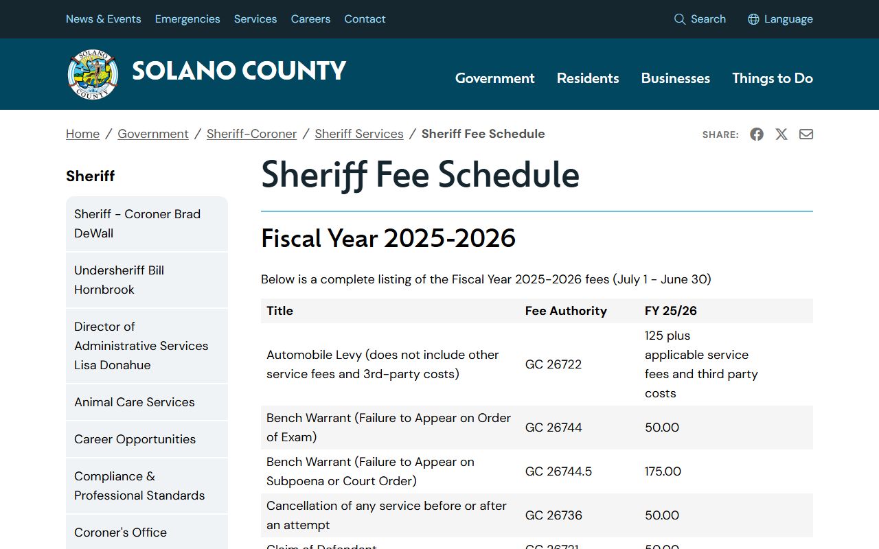 Solano County jail mugshots sheriff fee schedule